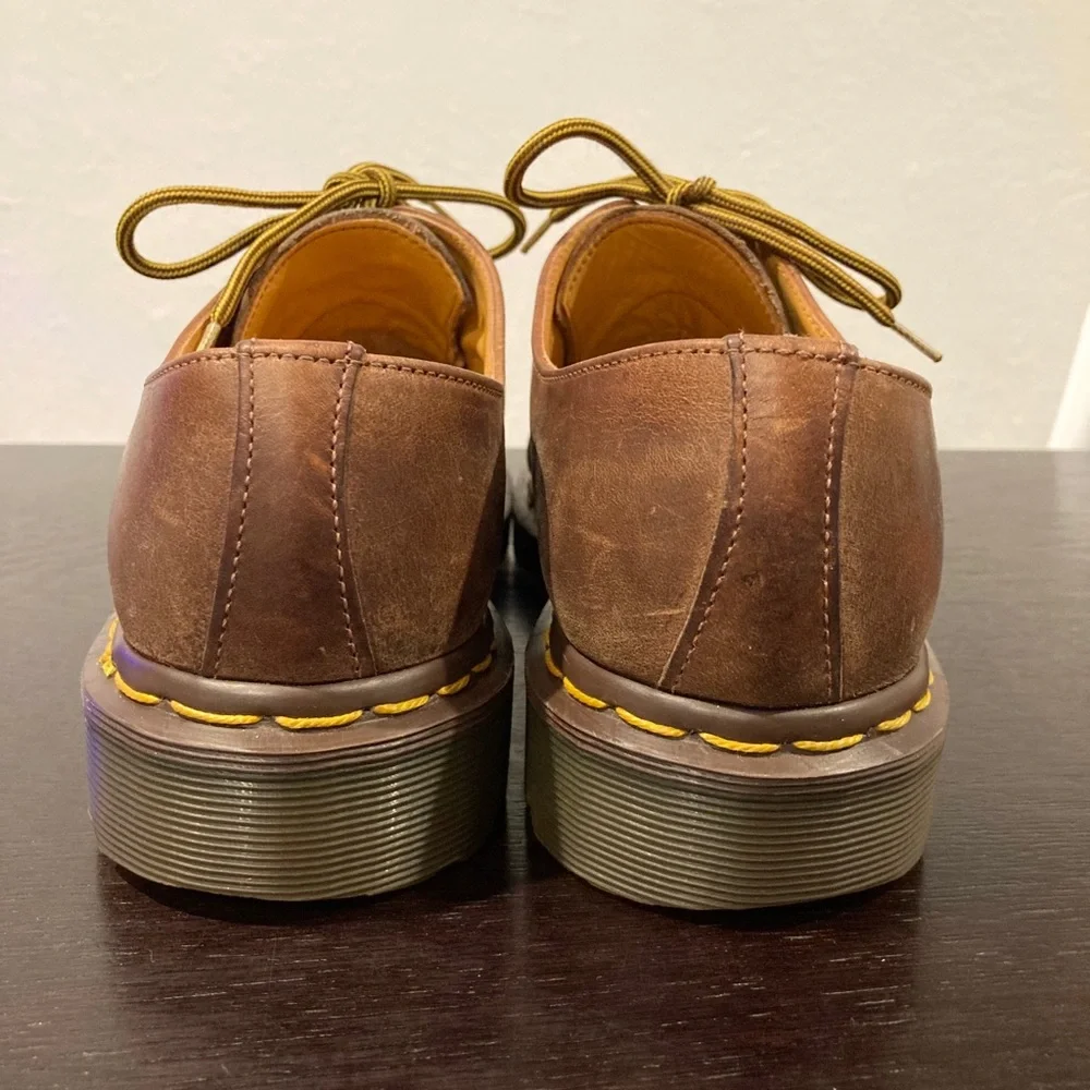 Dr. Martens Brown Leather Derby Shoes with Yellow Stitching